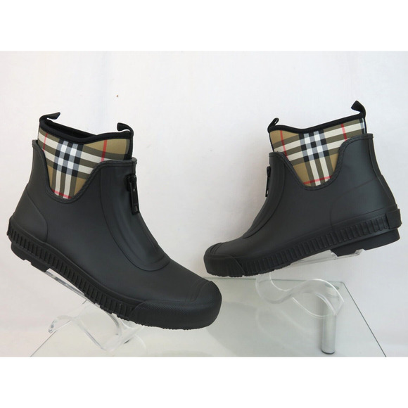 BURBERRY FLINTON BLACK RUBBER BEIGE CHECK SOCK LOGO ANKLE RAIN BOOTS US 11 EU 41 - Picture 6 of 14